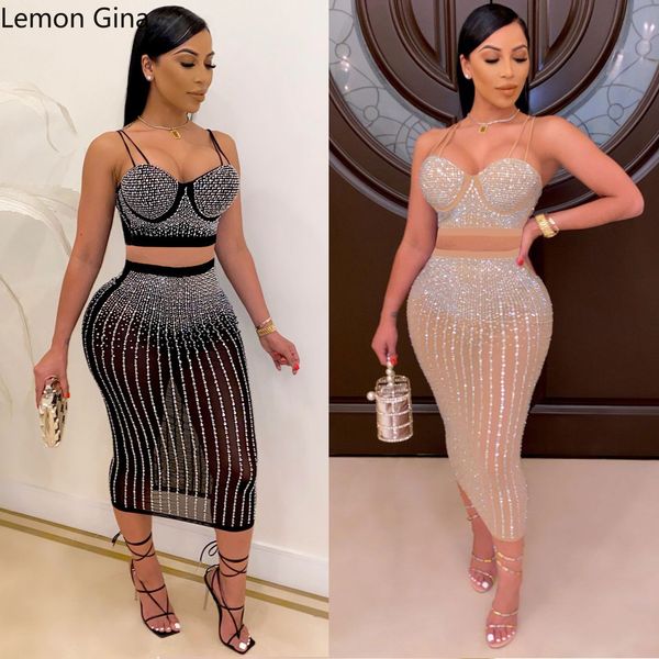 

two piece dress lemon gina 2 sets women skirts suits set diamond crop midi black matching 230325, White