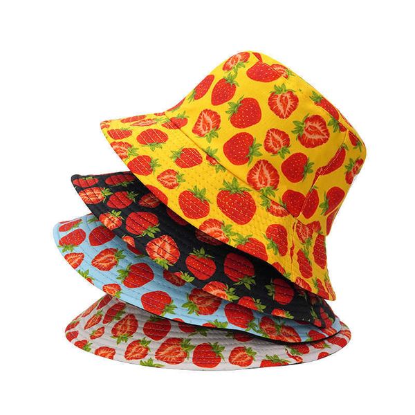 

wide brim hats bucket hat men women summer panama fishing bucket cap reversible strawberry print bob hat hip hop gorros fisherman hat female, Blue;gray