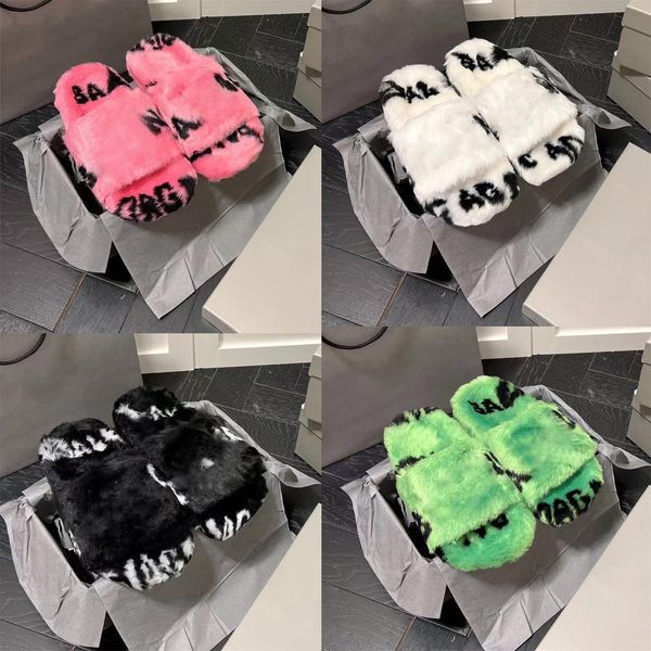 

balencigas balencaigaity designer furry sliders women fur slippers wool slipper printed pattern winter indoor furry soft fluffy san, Black