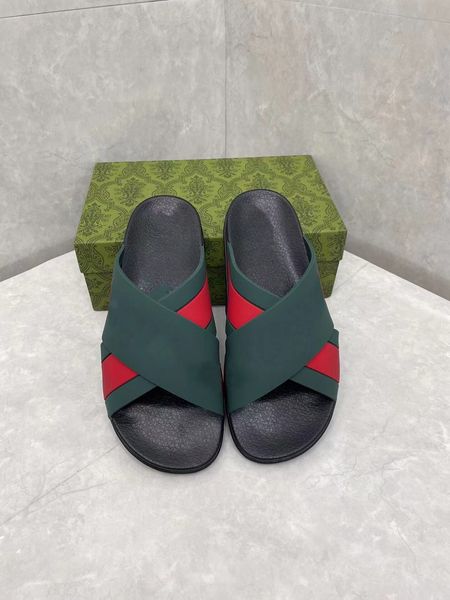 

men's rubber slippers cross strap 630326 women designer flat slides fashion summer beach scuffs 36-46 with gift box, Black