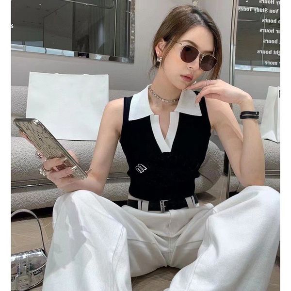 

women's tanks & camis runway luxury summer knitted polo vest black knitted cropped sleeveless jumper patchwork ladies slim elegant knit, White