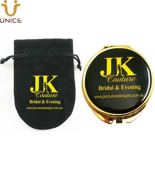 

moq 100pcs customized gold color pocket mirrors gift velvet pouch printed logo compact golden lady folding makeup cosmetic mirro5231687
