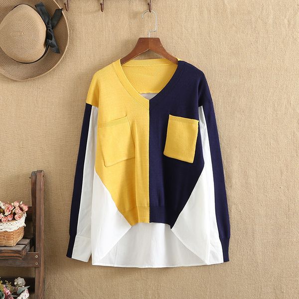 

women's plus size tshirt plus size t shirts oneck front knitted cotton color splicing back cotton fabric long sleeves large summer clot, Black