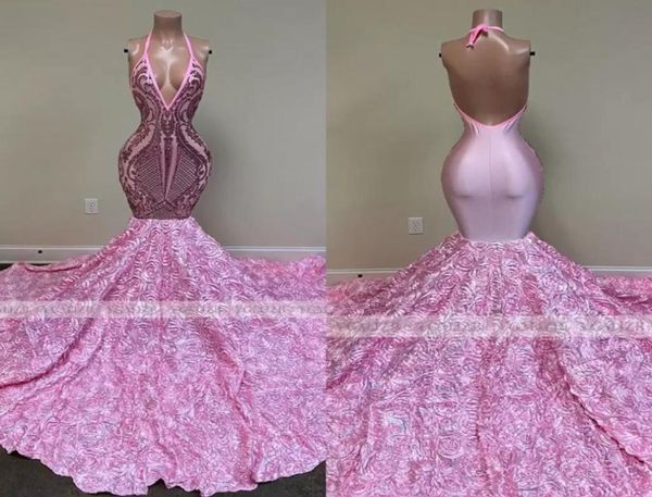 

pink long prom dresses mermaid 2022 black girls sequin backless halter 3d flowers african women formal evening party gowns3975553