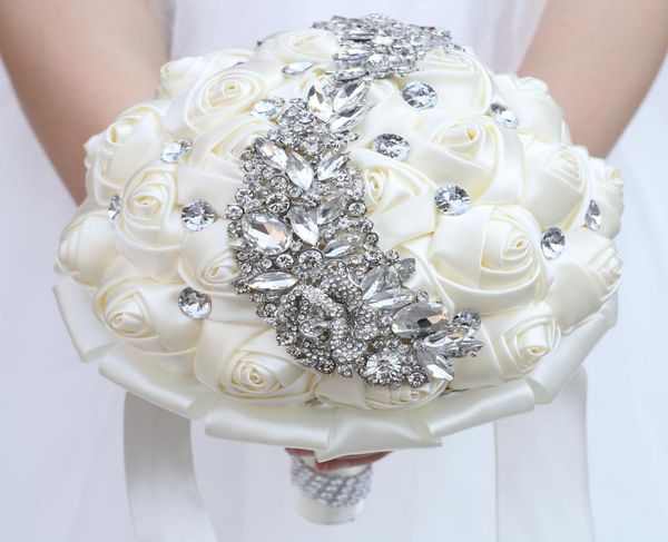 

artificial satin wedding flowers bridal bouquet hand made flower rhinestone crystal beaded bridesmaid bride weddings bouquet de ma7584801