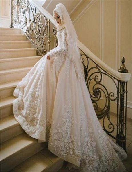 

vintage lace muslim wedding dresses long sleeves plus size bridal gowns with hijab vestidos de novia luxury wedding dress3548455, White