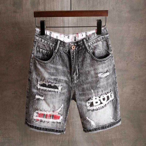 

men's jeans summer new men's denim shorts grey hole patch hip hop personality trend capris mid pants 209, Blue