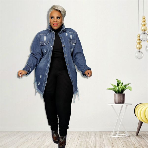 

women's plus size outerwear coats street wear fashion plus size women's jacket 4xl 5xl cardigan tassel pocket ripped denim trench, Black