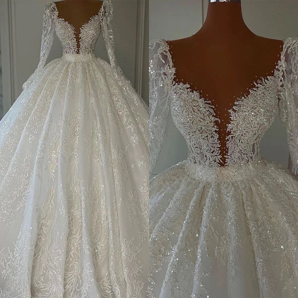 

2023 sparkly sequins wedding dresses bridal gown beaded applique scoop neck long sleeves floor length garden plus size custom made garden be, White