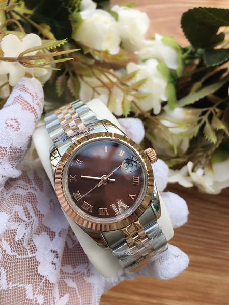 

with original box women luxury watch lady size 31mm date girl sapphire glass wristwatch 2813 movement automatic mechanical movement watches, Slivery;brown