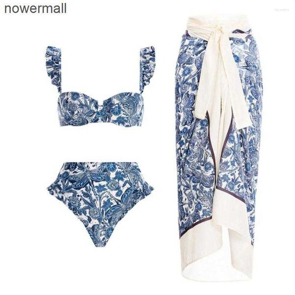 

women's swimwear designer 2023 women blue-and-white porcelain print bikini set skirt cover up lace swimsuit beachwear biquini, White;black