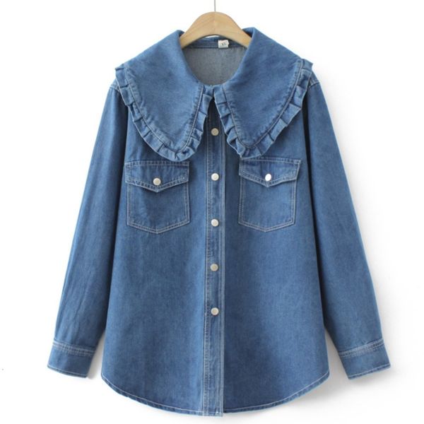 

women's plus size tshirt 4xl plus size denim shirt women spring ruffle peter pan collar blouse long sleeve pockets oversized curve clo, Black