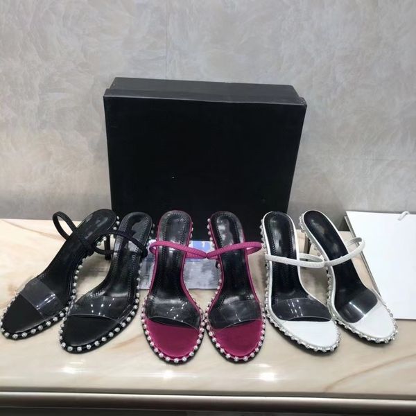 

2023 women's slippers designer womensandals dress shoes rock stud high heels leather rivet white pointed peep-toes lady fashion party l, Black