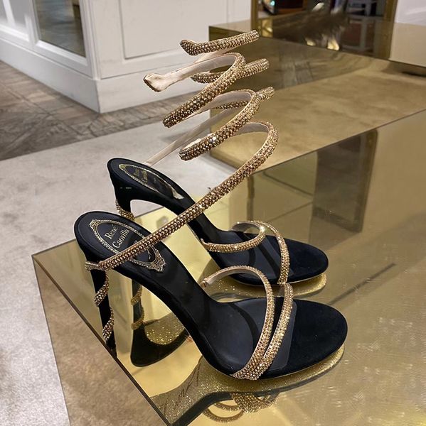 

rene caovilla margo heels sandals rhinestone embellished snake stiletto heel sandals women's luxury designers ankle wraparound shoe fac, Black