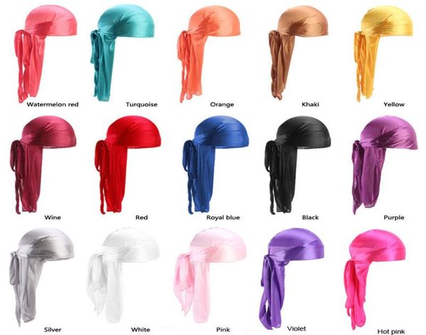 

imitation silk long tail scarf cap satin durags bandana turban wigs biker headband pirate hat 18 colors whole3986866, Blue;gray