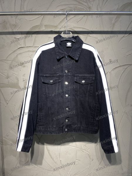

xinxinbuy men designer coat jacket denim destroyed paris letter ribbon long sleeve women black khaki blue grey xs-2xl, Black;brown
