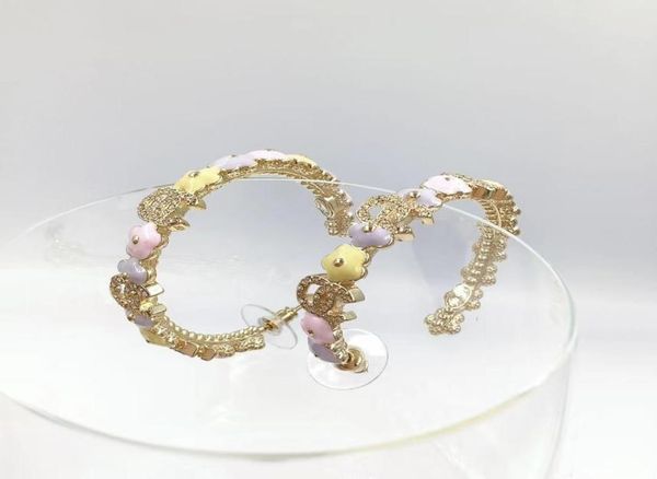 

18k gold plated rhinestone hoop earrings alluring purple light pink flower form fashion brand designer earrings for women weddi7336126, Golden;silver