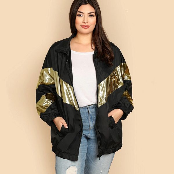 

women's plus size outerwear coats plus size spring autumn loose casual jacket women gold black streetwear metallic oversize coat female