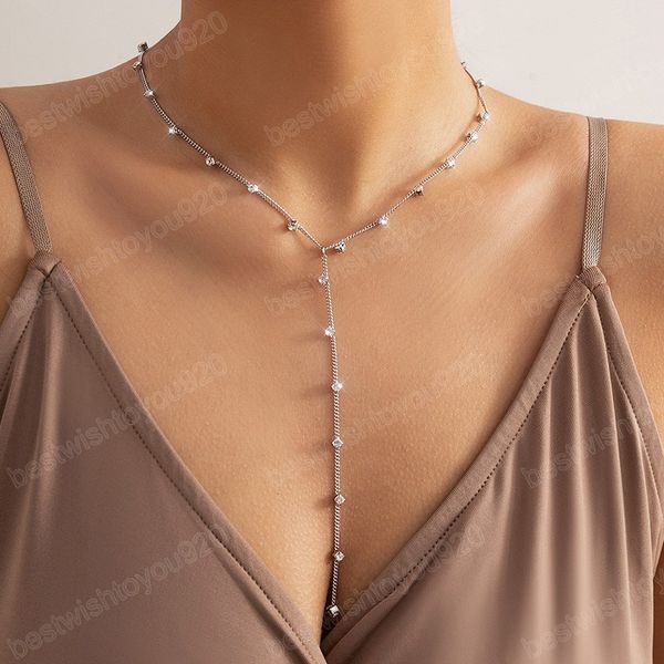 

fashion rhinestone chain short collar necklace long tassel front chest chain necklace aesthetic wedding party jewelry gift, Golden;silver