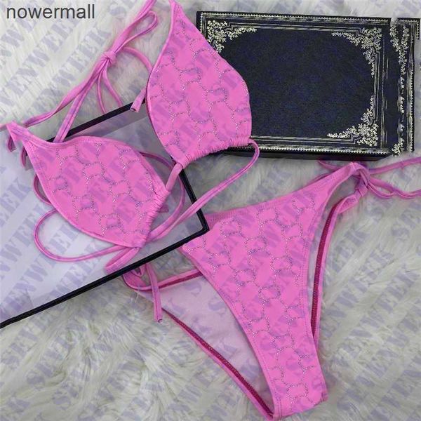 

rhinestone womens swimwear bikinis sets luxury letter printed women swimsuit ladies halter push up bathing suits, White;black