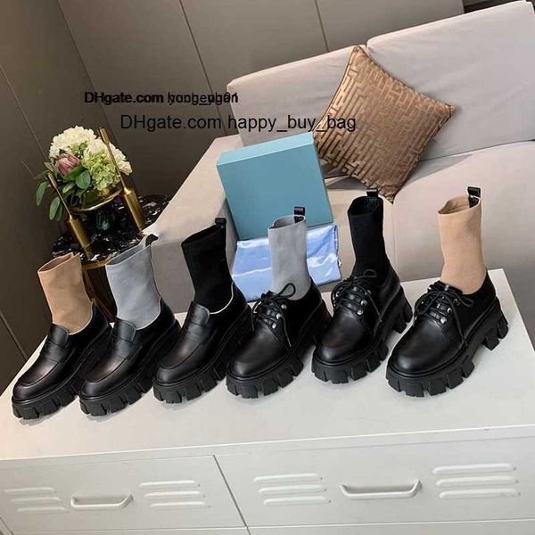 

platform ankle elastic designer boots real leather lace-up socks women's short boot fashion winter lady 6cm heel footwear, Black