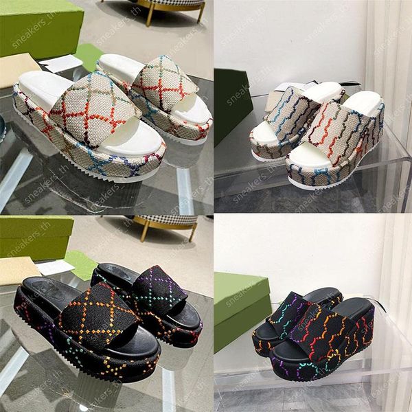 

2022 designer slippers women platform sandals letter embroidery slides multicolor linen slipper ladies wedges sandal double g slide men nev, Black