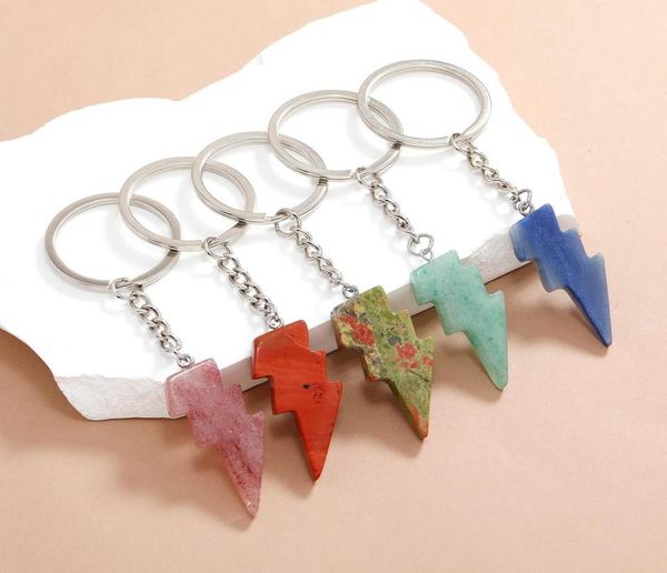 

punk lightning shape pendant key ring opal crystal natural stone gem keychain for women men personality accessories6443849, Slivery;golden
