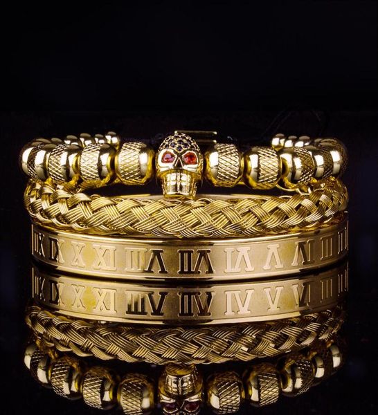 

3pcs luxury roman royal skull charm bracelet men stainless steel geometry pulseiras men open adjustable bracelets couple jewelry8052006, Golden;silver