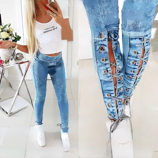 

women's jeans street wear lace up slim denim long pants women jeans slim girl blue denim pant women's fashion casual strap jeans 2