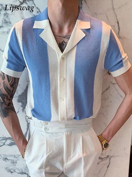 

men's polos summer short sleeve knitted polo shirt casual men button-up turn-down collar mens fashion striped polos man streetwear 230, White;black