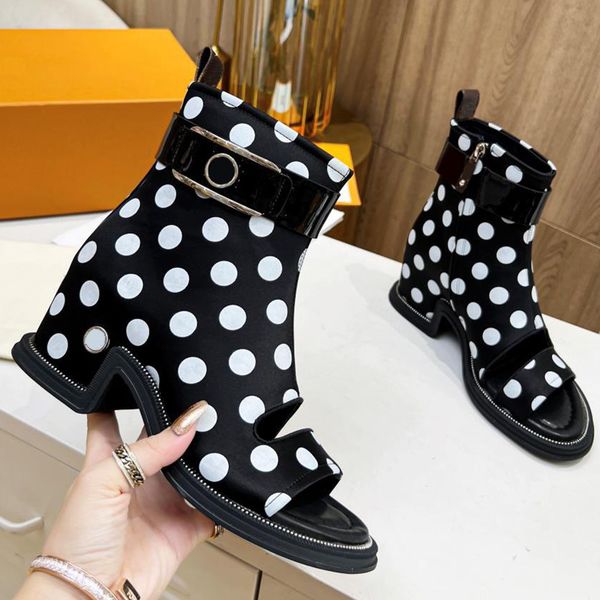 

new womens brand sandals short boots spring summer show same open toe design highlights special upper black white dots decorative heel heigh