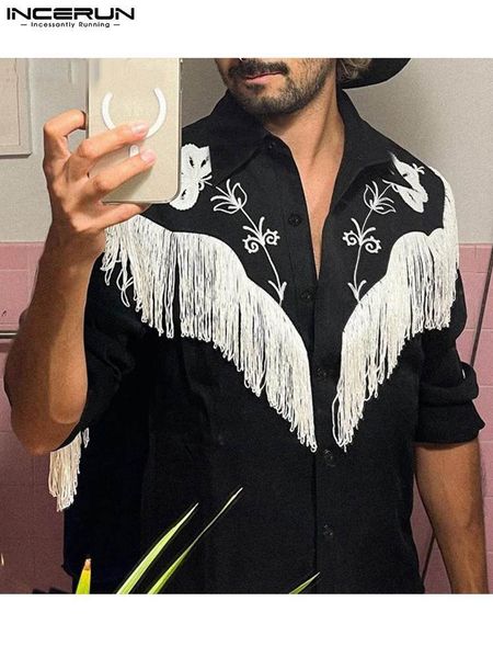 

men's casual shirts incerun men shirt embroidered tassel patchwork lapel long sleeve fashion camisa streetwear button casual men clothi, White;black