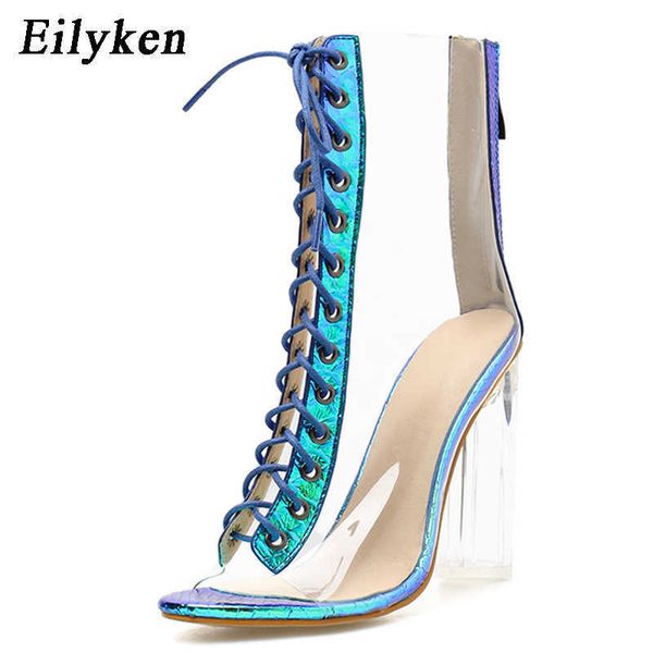 

pvc transparent boots sandals peep toe shoes clear chunky heels lace-up sandals mujer blue women boots 11cm 230306, Black