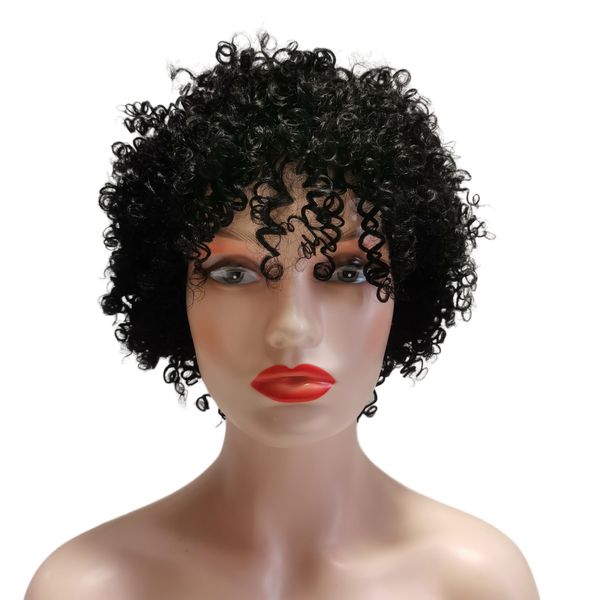 

Brazilia Human Hair Curly Pixie Bob Cut Wig with Bangs Afro Kinky Wave Black Wig