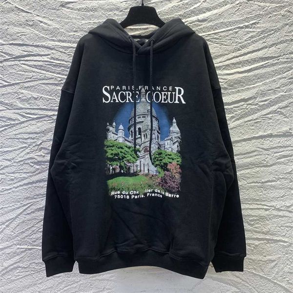 

80% off factory outlet online high edition fashion family hd castle print screen red same style men's and women's hooded hoodie, Black