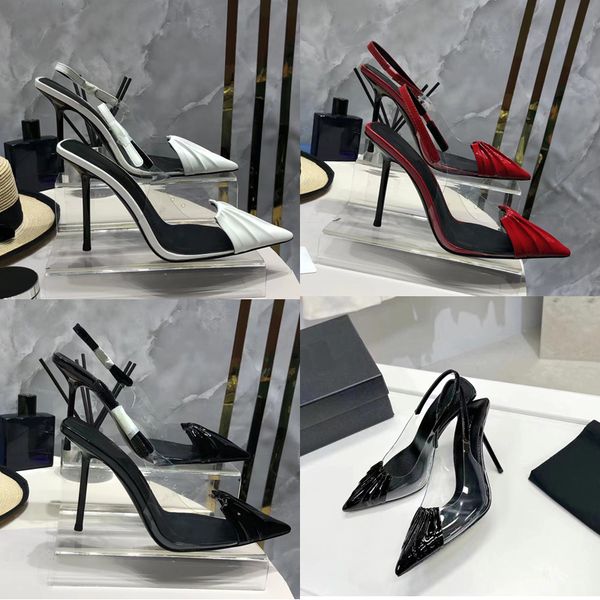 

2023 designer luxury sheer pointed heel sandals ysl family womens genuine leather black/white/red closed-toe sandal ladys one strap back hol