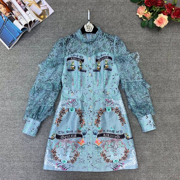 

fanncy dress floral printed stand clollar lantern sleeve mini dress, Black;gray