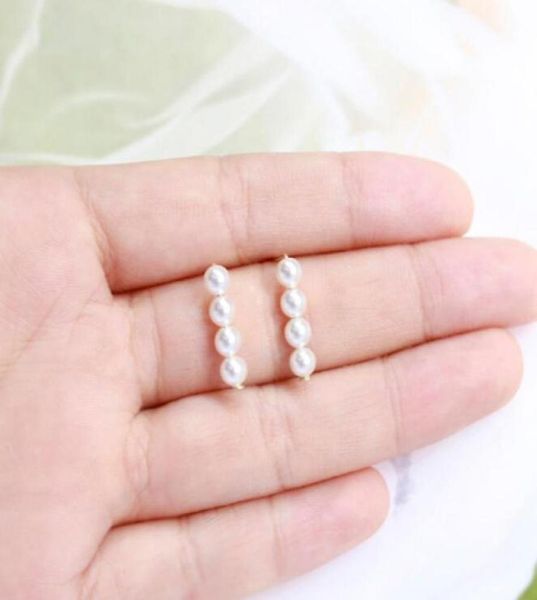 

34mm 4 beads ear studs dangle chandelier natural freshwater pearl earrings white ladygirl fashion jewelry5038196, Golden;silver