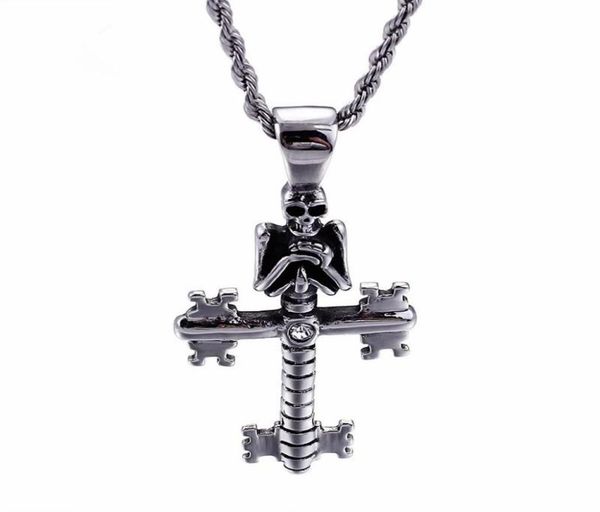 

punk evil skull pendant necklaces for men stainless steel cross chain gothic biker jewelry accessories8043932, Silver
