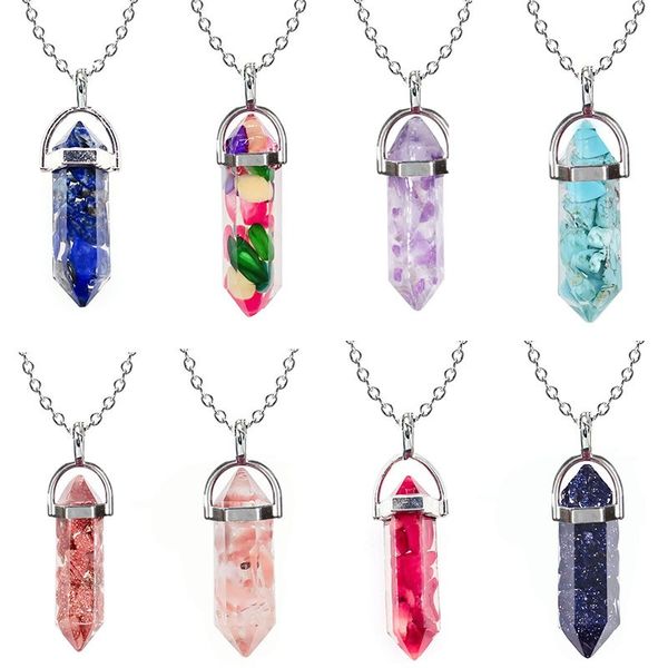 

resin hexagonal bullet crystal pendant necklace reiki healing colorful chips stone orgone necklace for women men energy amulet, Silver