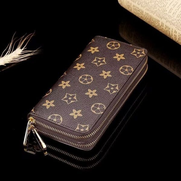 

high quality Double zipper Wallets Mens Leather Wallet Holders For Brown flower women Purse Monograms Luxury Purses Cross Body Wallets Zippe, Black+flower