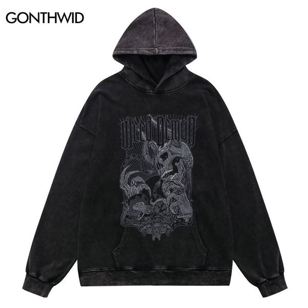 

men's hoodies sweatshirts men hip hop hoodie streetwear vintage skeleton skull devil print distressed washed hooded sweatshirt harajuku, Black