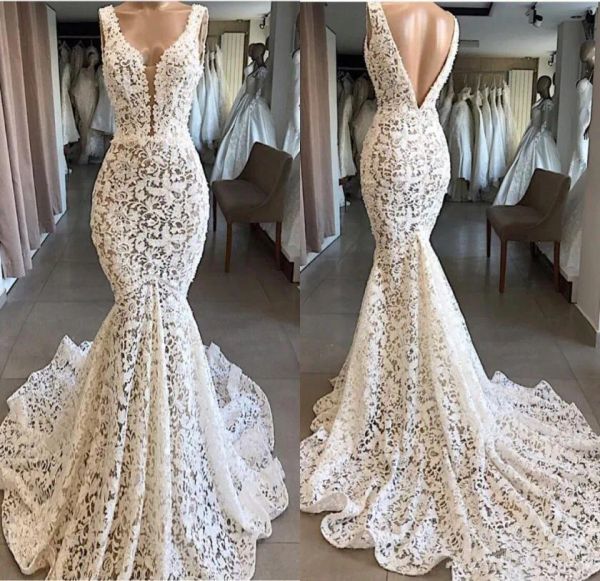 

2023 lace mermaid wedding dresses bridal gown v neck back sleeveless sweep train ruffles custom made vestidos de novia plus size, White