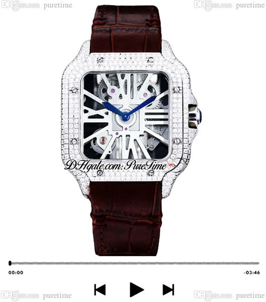 

tom holland dumont swiss ronda quartz mens watch paved diamonds whsa0007 fully iced out diamond case skeleton roman dial brown leather super, Slivery;brown