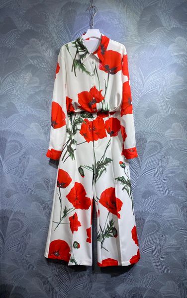 

spring 2023 new women's two piece pants, printed shirt, printed wide leg pants suit, lapel single breasted long sleeve woven cotton shi, White