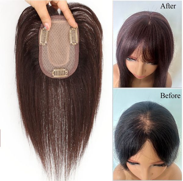 

4.7"x3.1"base 100% human hair er hairpiece for women. realistic part line wiglets with flat bang., Black;brown