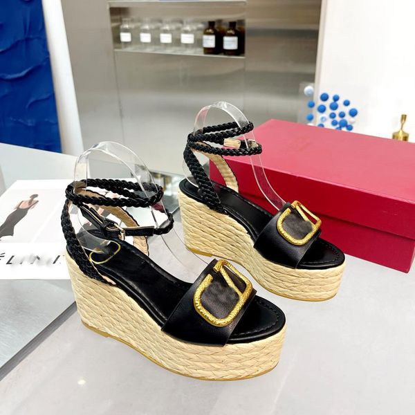 

platform sandals straw woven wedge ankle strap chunky heels block heel 110mm open toe toe dress shoe women luxury designers sandal, Black