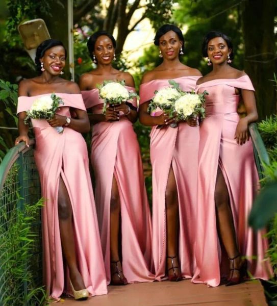 

2023 light peachy bridesmaid dresses mermaid high split elastic satin floor length ruched custom made plus size maid of honor gowns vestidos, White;pink