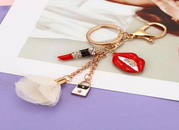 

rhinestone lipstick keychains car keyrings key chains rings holder women fashion flower clover accessories imitation pearl jewelry8805786, Slivery;golden