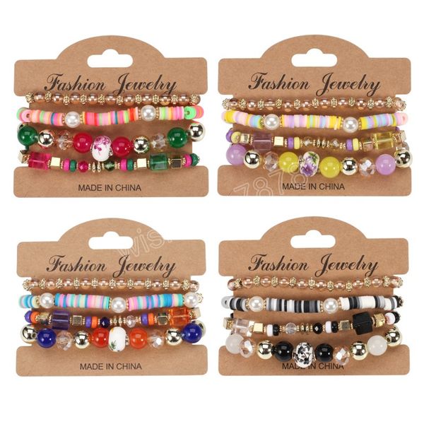 

4pcs bohemian glass beads bracelet set for women colorful stackable polymer chain bangle female boho holiday party jewelry, Golden;silver